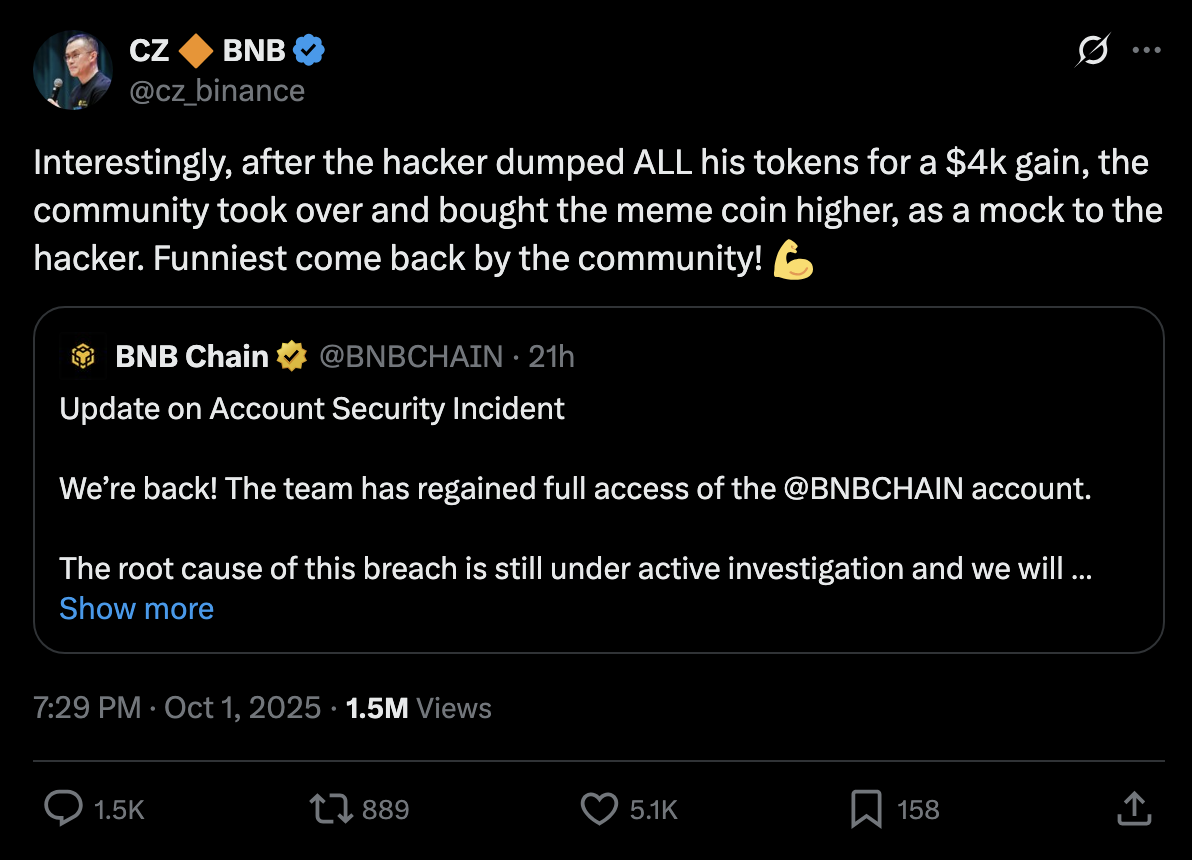 CZ Binance Tweet about Community Takeover